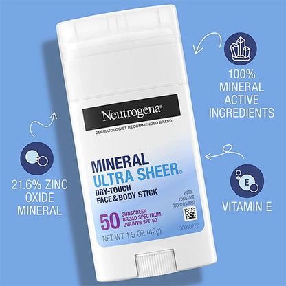 【追跡可能海外メール便】Neutrogena Mineral Ultra Sheer Dry Touch Sunscreen SPF 50 ニュートロジーナミネラル 日焼け止め FACE & BODY用スティックタイプ SPF50 1.5oz 42g　ビタミンE 耐水性  アウトドア 紫外線対策