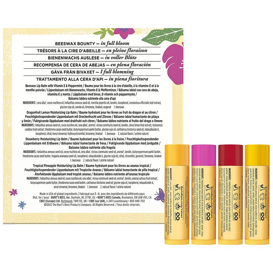 【追跡可能海外メール便】Burt's Bees Gifts, Lip Balm Products, In Full Bloom Set バーツビーズ  4種 リップ パック(4.25g×4本)　Original Beeswax, Dragonfruit Lemon, Tropical Pineapple & Strawberry (4 Pack) リップセット　リップケア　乾燥　保湿　リップ