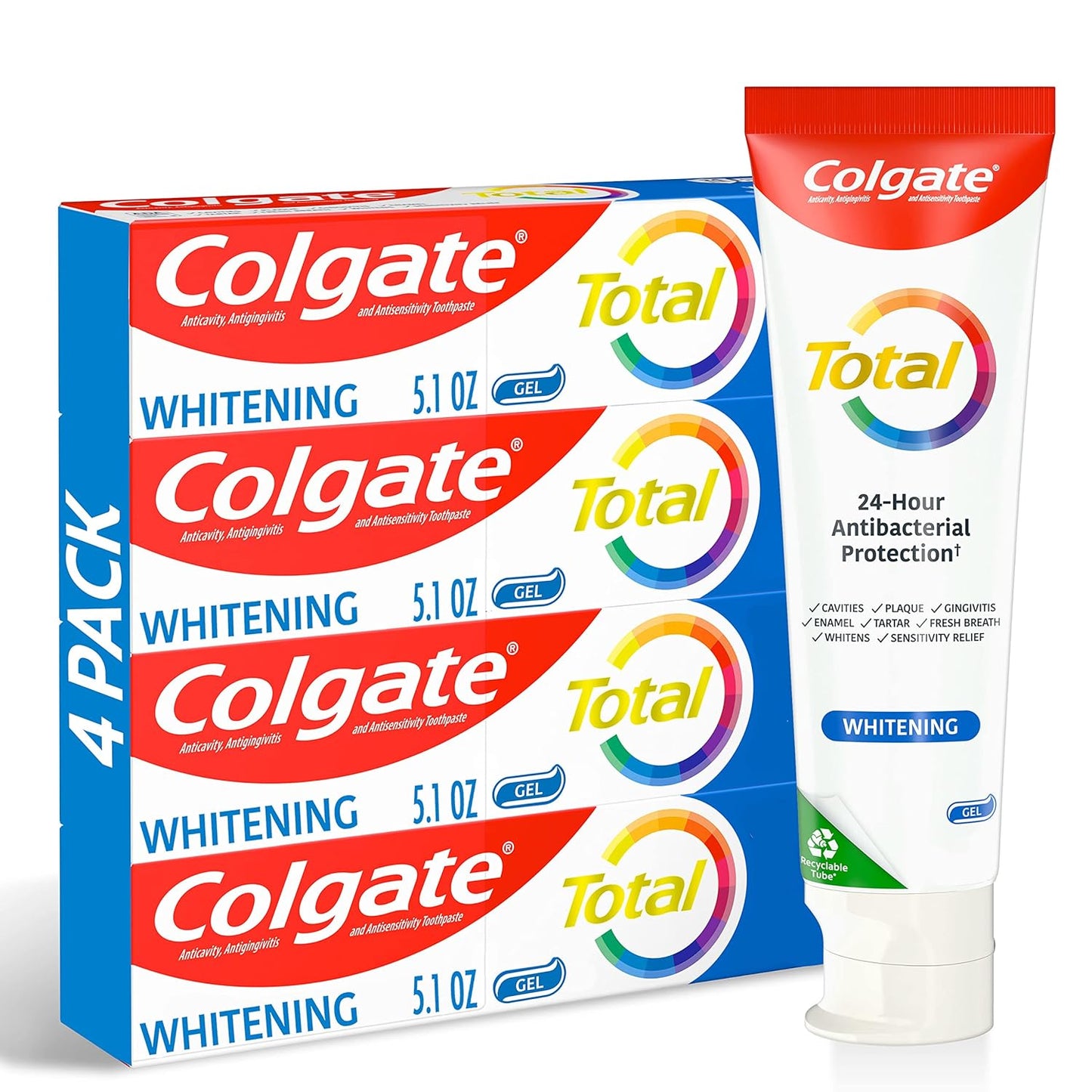 【エクスプレス便】【 お得な4本セット】コルゲート Colgate Total Whitening Toothpaste Gel 10 Benefits Whitens Teeth and Provides Sensitivity Relief Mint Flavor 4 Pack 5.1 Ozトータル ホワイトニング歯磨き粉ジェル  白い歯 知覚過敏