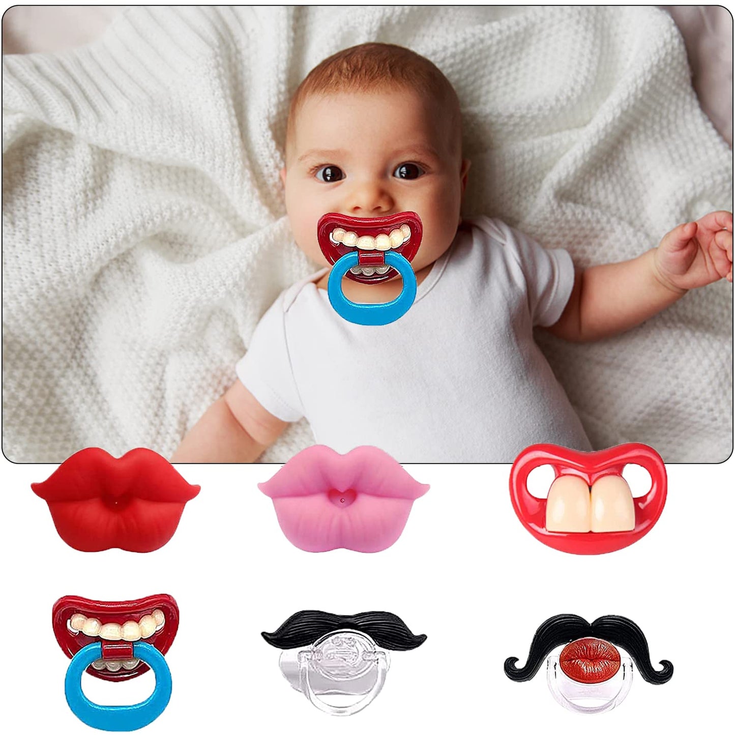 【追跡可能海外メール便】6個セット Funny Pacifier Infant Pacifier Cute Kissable Lips and Gentleman Mustache Teeth Pacifier 3.52oz ファニーパシファイア リップマーク 歯 髭付き おしゃぶり 新生児　99.8g　赤ちゃん  ベビー用品