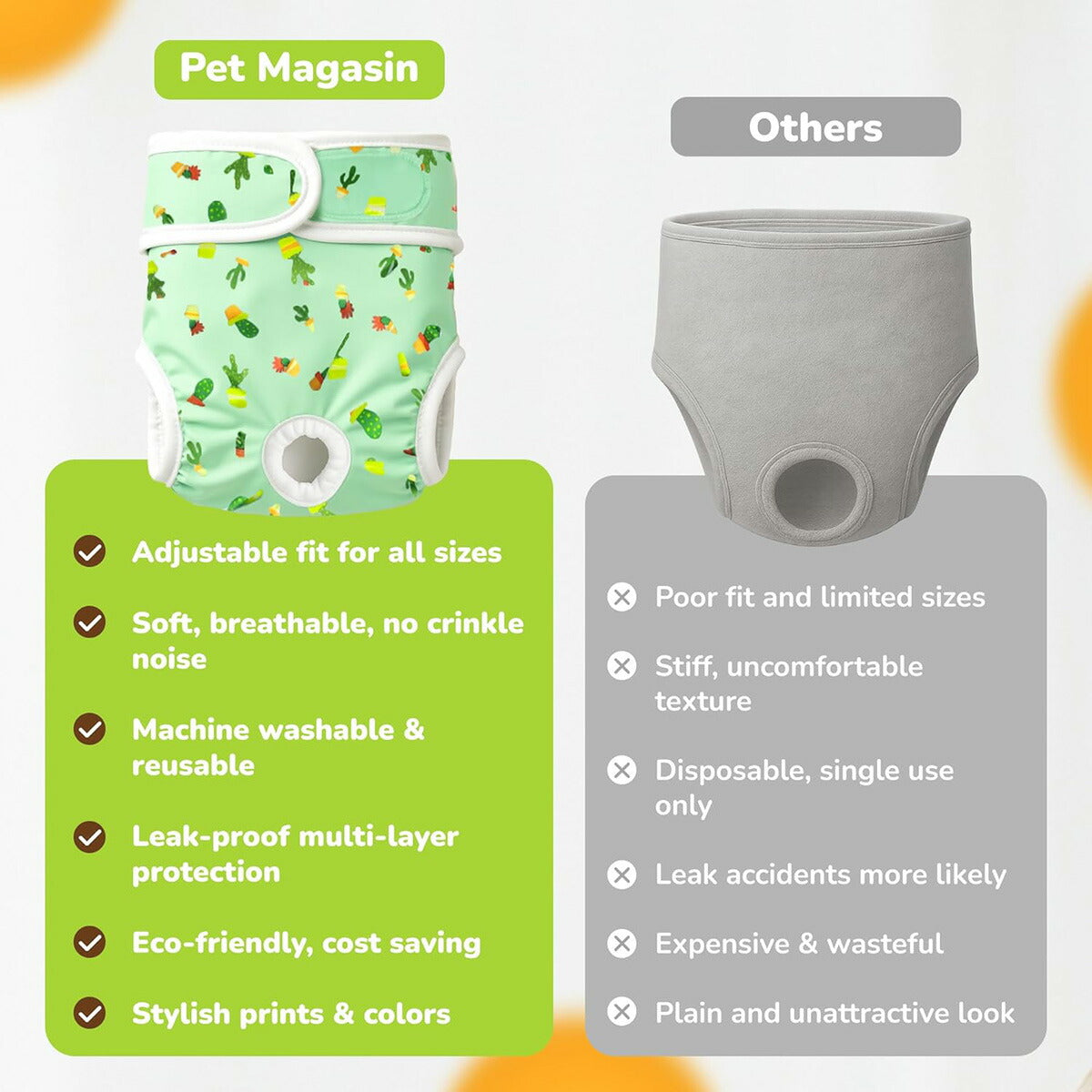 【エクスプレス便】Pet Magasin Reusable Washable Dog Diapers (Pack of 3)  X-Small (10”-12” Waist)  再利用可能・洗える犬用おむつ（3枚パック）(25.5-30.5cm)